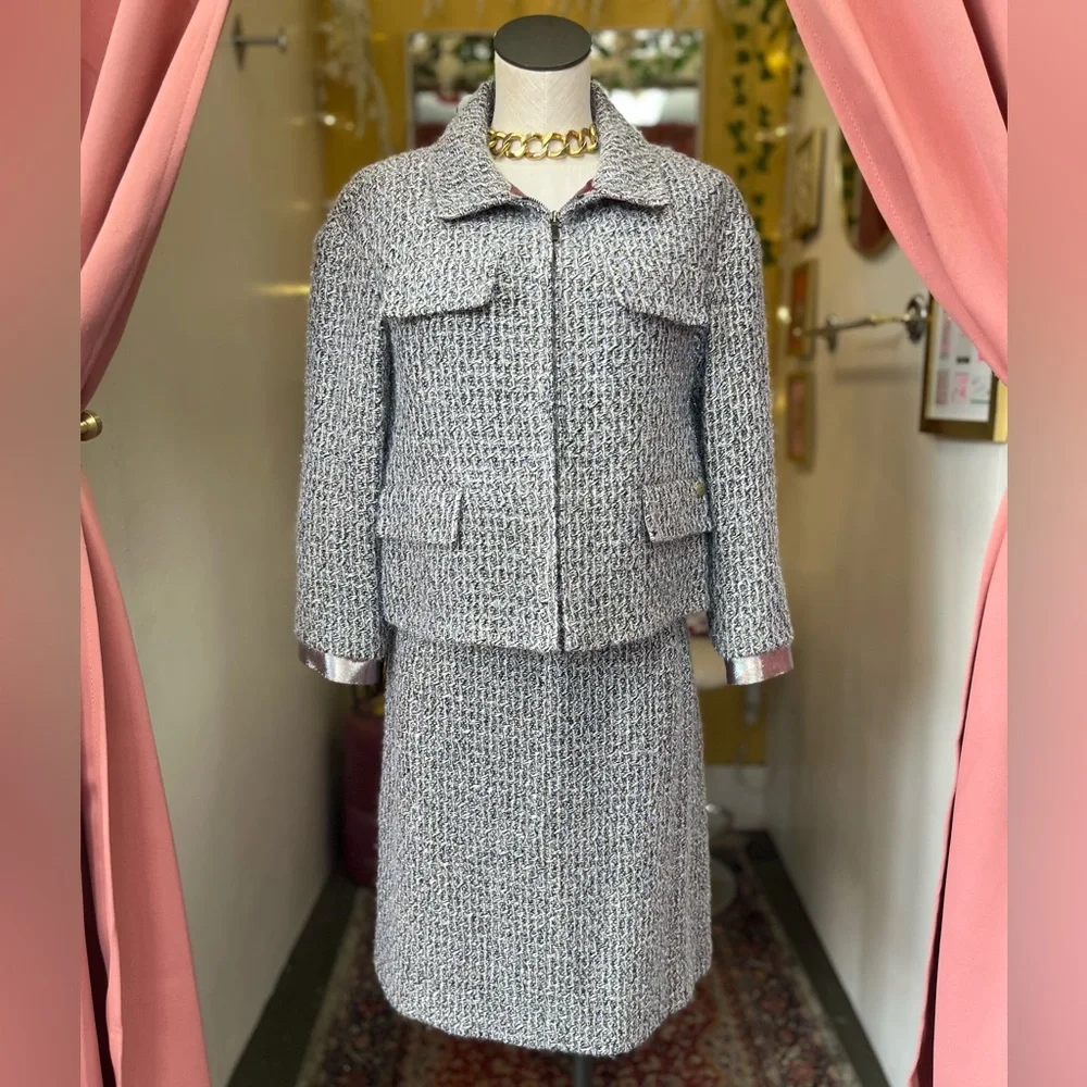 CHANEL Fantasy Tweed Jacket Gray and Metallic and Skirt Set
